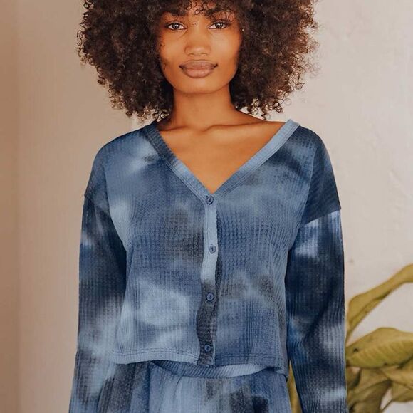 Sage the Label Anthropologie Navy Blue Tie-Dye Waffle Knit Cardigan size medium - Picture 1 of 10